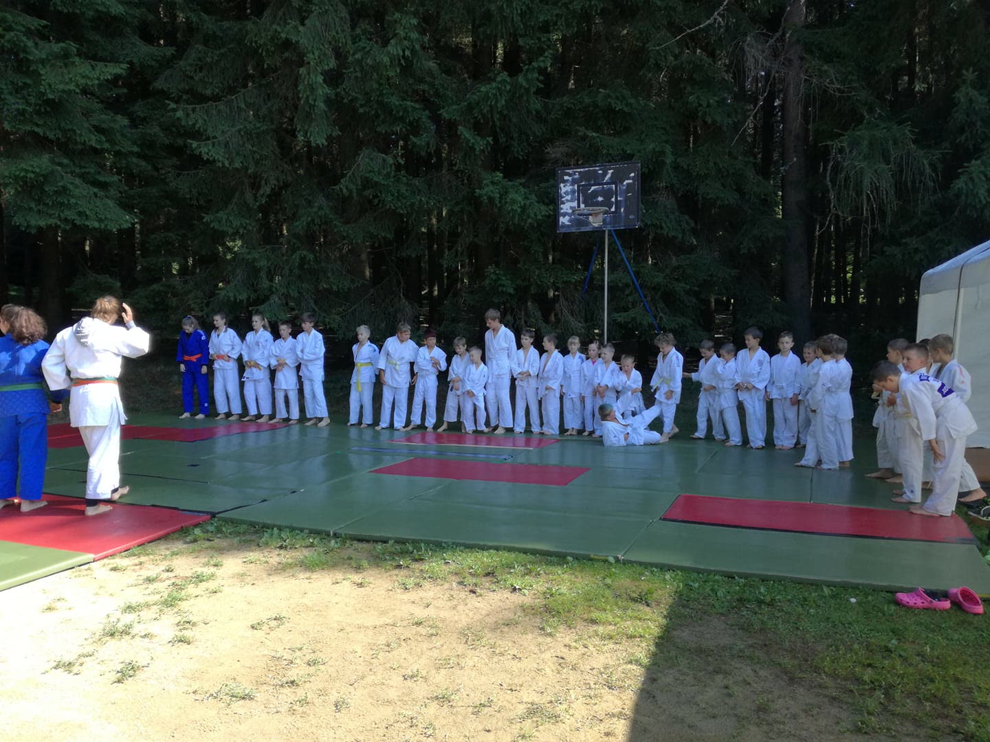 Summer camp in the forest — kids in white judogi in formation